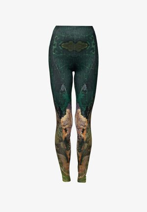 Leggings aus einem dehnbaren Stoff mit einem grünen abstrakten Design, das erdige Töne und detaillierte Muster auf der Vorderseite bietet.