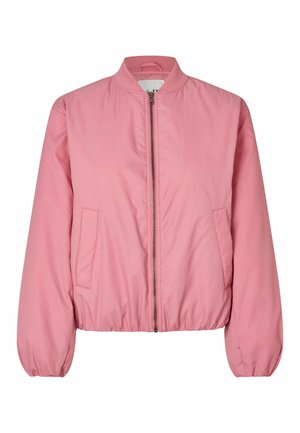 Jachetă bomber roz deschis, realizată din material neted, cu fermoar frontal, manșete elastice și două buzunare laterale pentru un plus de detaliu.