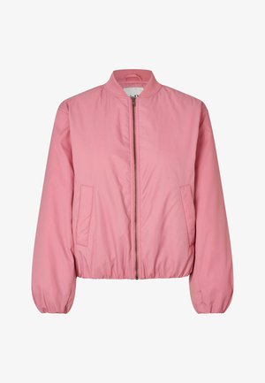 Šviesiai rožinė bombonešio striukė iš lygaus audinio, su užtrauktuku priekyje, elastiniais rankogaliais ir dviem šoninėmis kišenėmis papildomam akcentui.