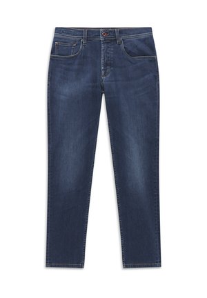 Dark blue denim jeans with front pockets, button closure, and a straight leg cut on a white background.