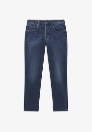 Dunkelblaue Jeans aus Denim mit Vordertaschen, Knopfverschluss und geradem Bein auf weißem Hintergrund.