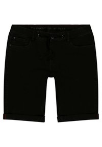 Shorts in denim nero con una leggera elasticità, dotati di cinque tasche, orli arrotolati e una vita con cordoncino regolabile.
