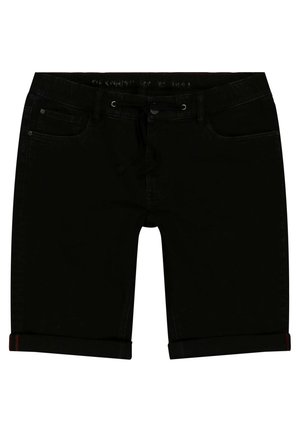 Schwarze Denim-Shorts mit leichtem Stretch, fünf Taschen, umgeschlagenen Säumen und einem verstellbaren Kordelzugbund.