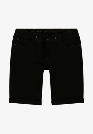 Sorte denim-shorts med en let stræk, der har fem lommer, opkrøllede manchetter og en justerbar snoretræk i taljen.