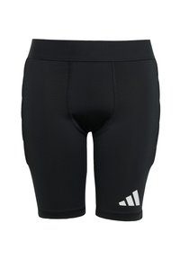 Svarta atletiska kompressionsshorts med en åtsittande design, elastisk midja och en vit Adidas-logotyp på nedersta vänstra sidan. Slät textur.