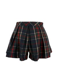 Shorts à carreaux foncés en tissu avec des lignes vertes, rouges et jaunes. Le design comprend des plis et une taille ajustée.