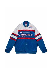 Veste de varsity en satin bleu avec des rayures blanches et rouges, inscription "Los Angeles Clippers", boutons-pression et col et poignets côtelés.