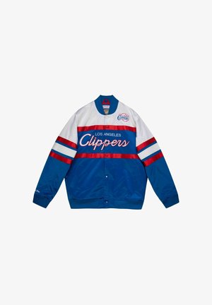 Blue satin varsity jacket featuring white and red stripes, "Los Angeles Clippers" text, snap buttons, and ribbed collar and cuffs.