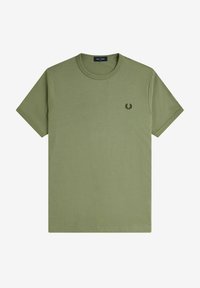 T-shirt in cotone verde oliva con maniche corte e collo rotondo. Presenta un piccolo logo ricamato nero sul lato sinistro del petto.
