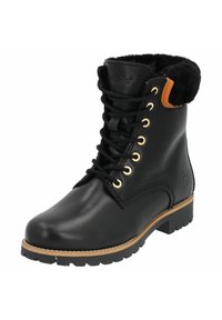 Botas de tobillo de cuero negro con forro de peluche sintético, ojales dorados y acentos marrones. Suela de goma con dibujo para tracción. Diseño clásico con cordones.