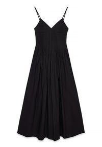 Svart midikjol med spaghettist straps, djup V-ringning, plisserad bodice och en flödande kjol. Tillverkad av ett mjukt tyg med en slät textur.