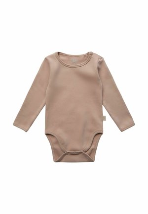 Beige babybody met lange mouwen, ronde hals en drukknopen in het kruis voor gemakkelijk luiers verschonen.