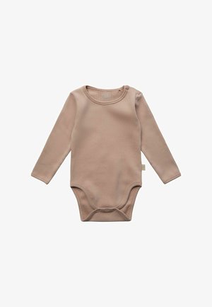 Béžové dojčenské body s dlhým rukávom, okrúhlym výstrihom a patentkami v rozkroku pre jednoduchú výmenu plienok.