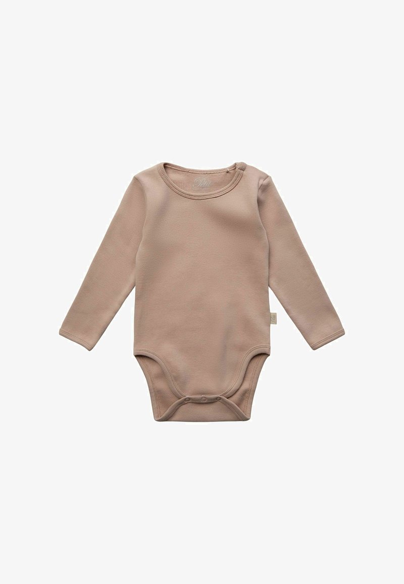 Body beige à manches longues pour bébé, avec encolure ronde et boutons-pression à l'entrejambe pour un changement de couche facile.