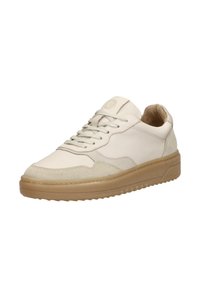 Low-top beige sneaker with suede and leather panels, beige laces, padded collar, and thick light brown rubber sole.