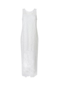 Weißes, ärmelloses Kleid aus Spitze mit floralem Muster. Gerader Schnitt, knielang, mit rundem Ausschnitt und gewelltem Saum.