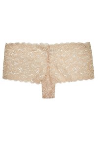 Krajkový spodní díl v tělové barvě, zdobený květinovým vzorem, s vlnitými okraji a centrální částí pro zpevnění. Měkká, průhledná textura.