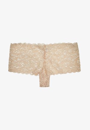 Slip in pizzo color nude, con motivo floreale, bordi scallop e un pannello centrale per rinforzo. Tessuto morbido e trasparente.