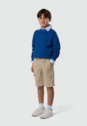 Niño de pie con las manos en los bolsillos, vistiendo un suéter azul, camisa de cuello con rayas, pantalones cortos cargo beige, calcetines blancos y zapatillas blancas.