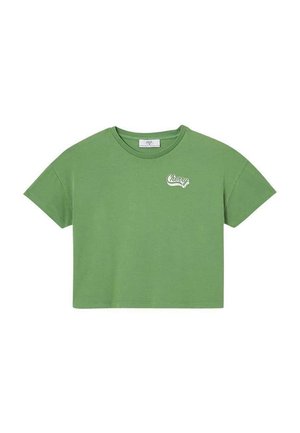 T-shirt court vert en coton doux, avec un col rond et des manches courtes, orné d'un motif graphique blanc "cerise" à l'avant.