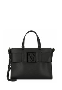 Zwarte leren handtas met dubbele handvatten aan de bovenkant, afneembare schouderriem en reliëflogo aan de voorkant. Heeft een gestructureerd ontwerp en zakken.