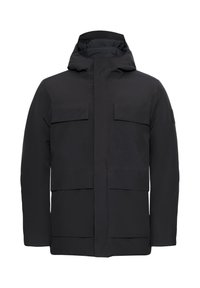 Veste noire imperméable avec capuche, dotée d'une fermeture éclair à l'avant, de deux grandes poches sur la poitrine et d'un ourlet plat. Texture lisse et design minimaliste.