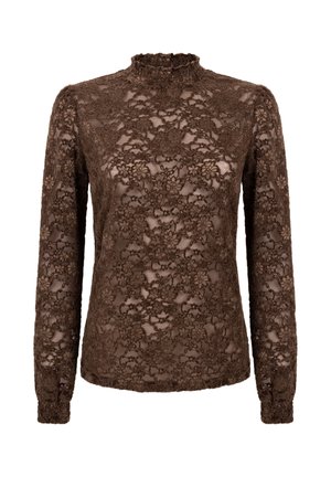 Brown long-sleeve lace blouse with floral pattern, high ruffled neckline, and semi-sheer fabric.