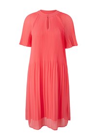 Robe corail plissée à manches courtes, avec un col rond et un détail en forme de trou de serrure. Fabriquée en tissu léger et fluide.