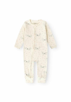 Combinaison bébé couleur crème à manches longues, fermeture éclair devant, petits pois rouges et illustrations de chiens gris partout.