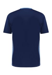 Mörkblå idrottströja med korta ärmar, rund halsringning och ljusblå detaljer på axlarna och sidorna. Slät tygstruktur.