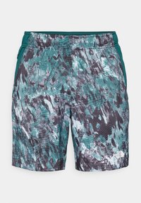 Shorts de bain pour hommes en teal, noir et blanc avec un motif. Dotés d'une taille élastique et du logo The North Face en bas à droite.