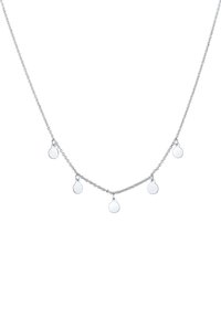 Sølv halskæde med en delikat kæde og fem små, runde vedhæng jævnt fordelt langs strengen. Glat tekstur og poleret overflade.