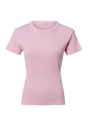 Light pink short-sleeve ribbed cotton T-shirt with round neckline, size small, labeled "Marie Lund Copenhagen."