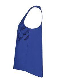 Top deportivo azul con un corte holgado, que presenta un patrón abstracto de peces negros en un lado. Fabricado con un tejido suave y ligero.