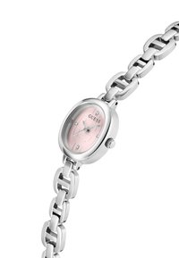 Silver bracelet watch with an oval face, featuring a pink dial and diamond-like markers, showcasing a stylish and elegant design.