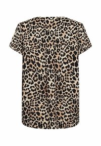 Blusa de estampado de leopardo con mangas cortas, que presenta una base beige clara y manchas negras, hecha de una tela suave con un corte holgado.