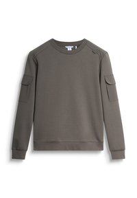 Sudadera en verde oliva, confeccionada en una suave mezcla de algodón. Presenta un cuello redondo, mangas largas y dos bolsillos laterales en las mangas.