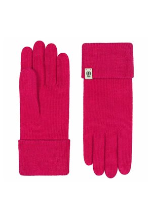 Pair of bright pink knitted gloves, one showing palm side, other with folded cuff and small fabric logo tag on wrist.