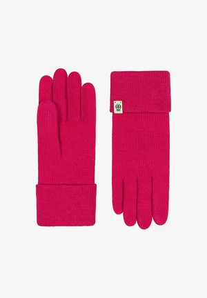 Pair of bright pink knitted gloves, one showing palm side, other with folded cuff and small fabric logo tag on wrist.