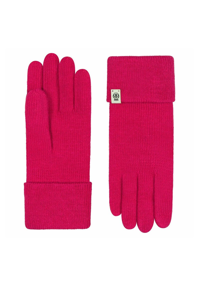 Ein Paar leuchtend pinker gestrickter Handschuhe, einer zeigt die Handfläche, der andere hat einen umgeschlagenen Bund und ein kleines Stoff-Logoschild am Handgelenk.