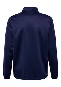 Marineblaues Pullover-Jackett mit Mock-Kragen, langen Ärmeln und einer glatten, glänzenden Textur. Verfügt über einen elastischen Saum und elastische Bündchen.