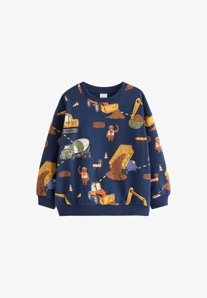 Sweat-shirt enfant bleu marine avec des véhicules de chantier en dessin animé, des ouvriers, des cônes de signalisation et des panneaux en orange, jaune et marron.