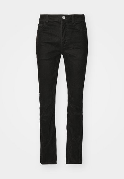 Black denim jeans with a straight-leg fit, featuring five pockets, a metal button, and a smooth texture. Simple design with no patterns.