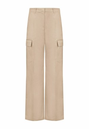 Beige bukser med brede ben og cargo-lommer foran med klapper, bæltestropper og en skjult lukning foran.