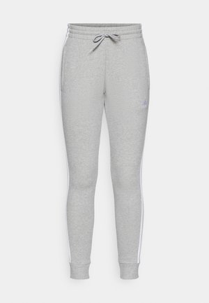 Gray jogger pants with elastic waistband and drawstring, featuring white side stripes and ribbed cuffs. Made from soft, textured fabric.