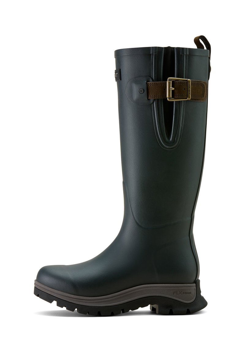 Green rubber rain boot with a textured sole, adjustable brown strap and buckle detail, high shaft, and smooth finish.