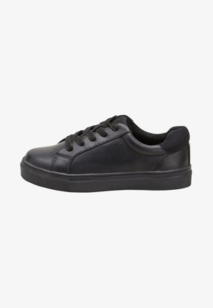 Baskets noires à lacets en cuir lisse avec un bout rond, une semelle en caoutchouc plate et des détails de couture minimaux sur les côtés.