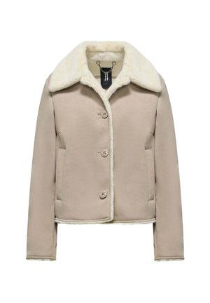Giacca beige con colletto e foderato in pelliccia bianca morbida; presenta quattro bottoni e tasche laterali; texture liscia con un design leggermente accorciato.