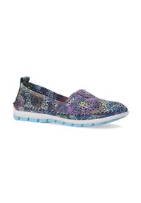 Instap schoen met een multicolore, geprinte textiele bovenkant, blauwe rubberen zolen en een flexibele vorm. Bevat decoratieve stikaccenten.