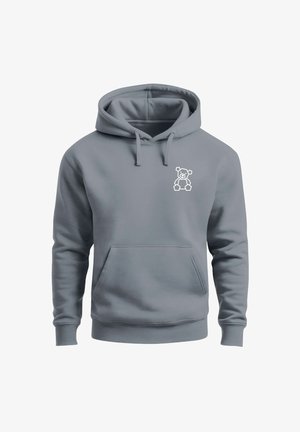 Grauer Hoodie aus Baumwollmischung mit einer vorderen Kängurutasche, einem Kapuzenzug und einem kleinen weißen Bärendesign auf der Brust.